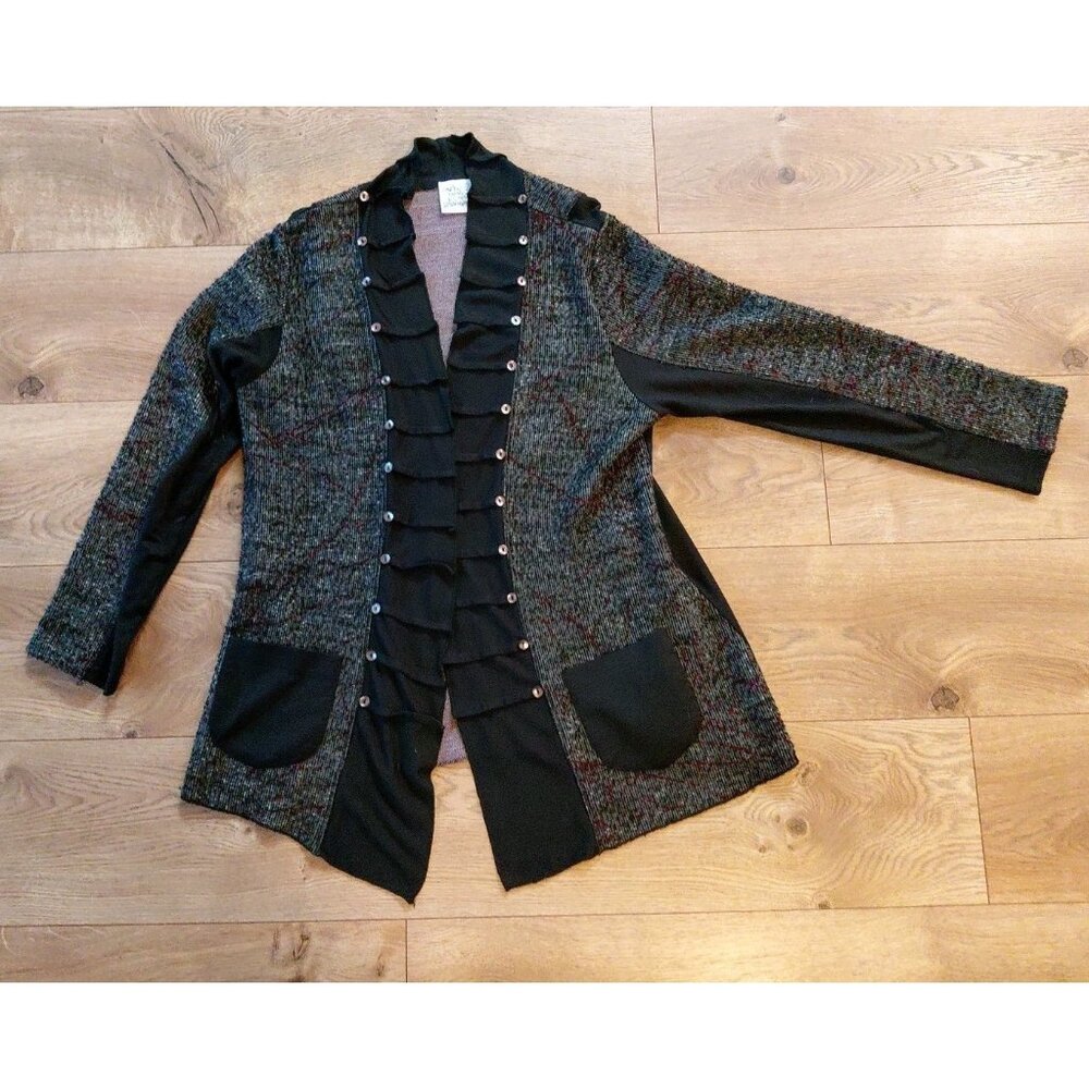 Parsley and Sage Women's Cardigan Art to Wear Black‎ Tweed Open Front Large